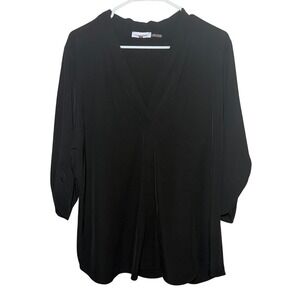 Calvin Klein Black V-Neck Roll Tab Sleeve Plus Size 1X Pleated Blouse